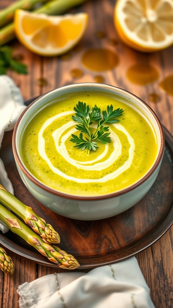 A bowl of creamy green asparagus soup garnished with parsley, on a rustic table with lemon and olive oil.